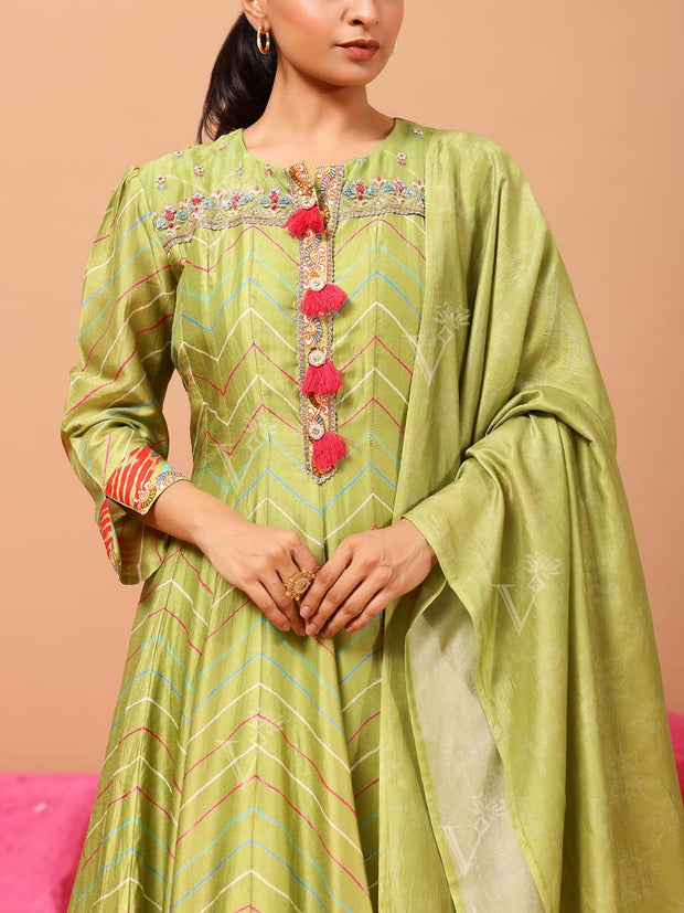 Green Vasansi Silk Leheriya Anarkali Gown