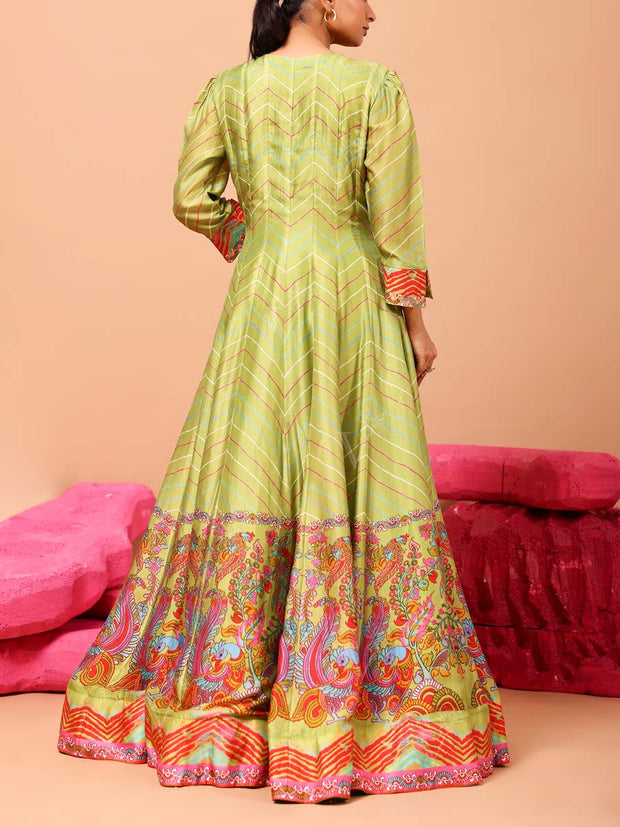 Green Vasansi Silk Leheriya Anarkali Gown