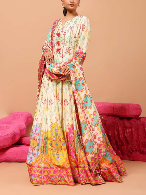 Cream Vasansi Silk Printed Anarkali Gown