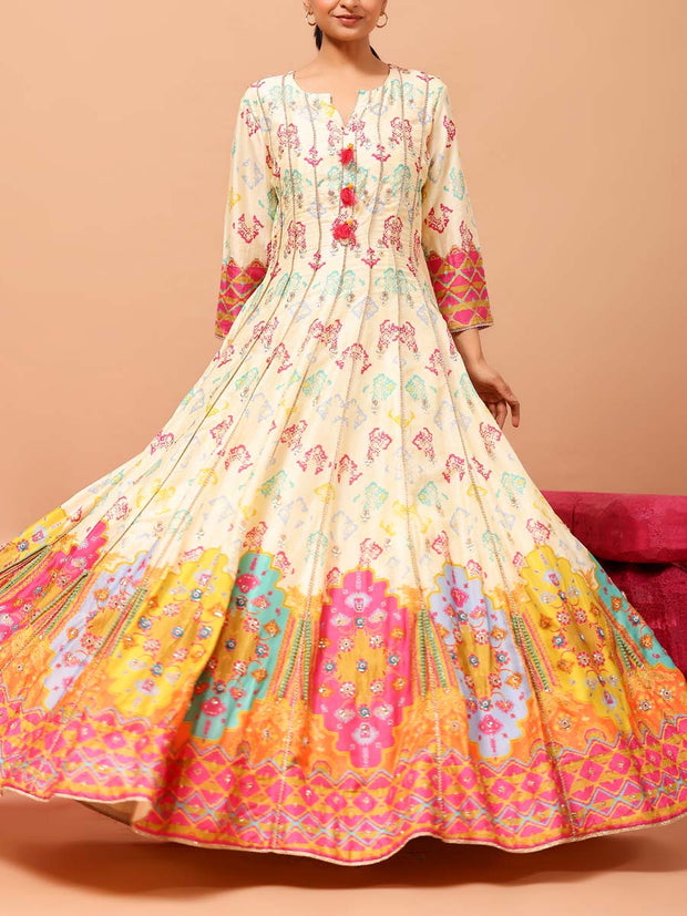 DD28, MTO, VK, Cream , Vasansi Silk , Printed , Anarkali , Gown , rakhiedit