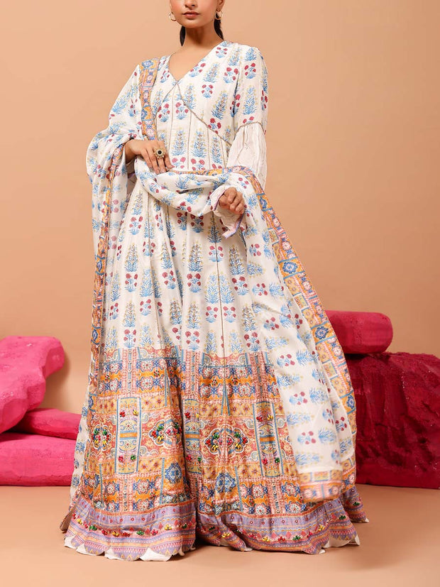 White Vasansi Silk Printed Anarkali Gown