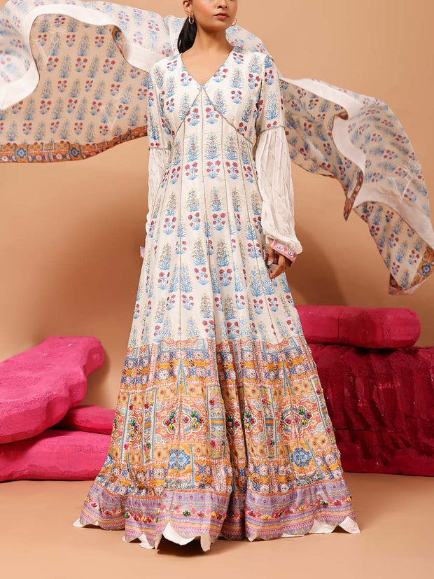 White Vasansi Silk Printed Anarkali Gown