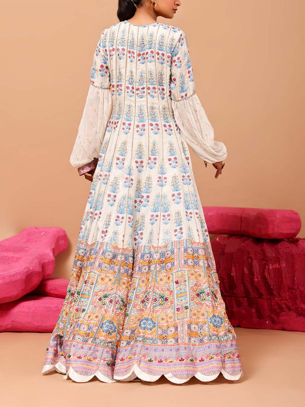 White Vasansi Silk Printed Anarkali Gown