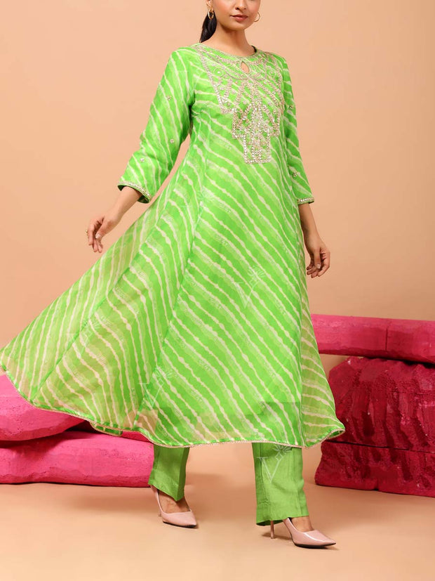 Green Leheriya Organza A-Line Suit Set