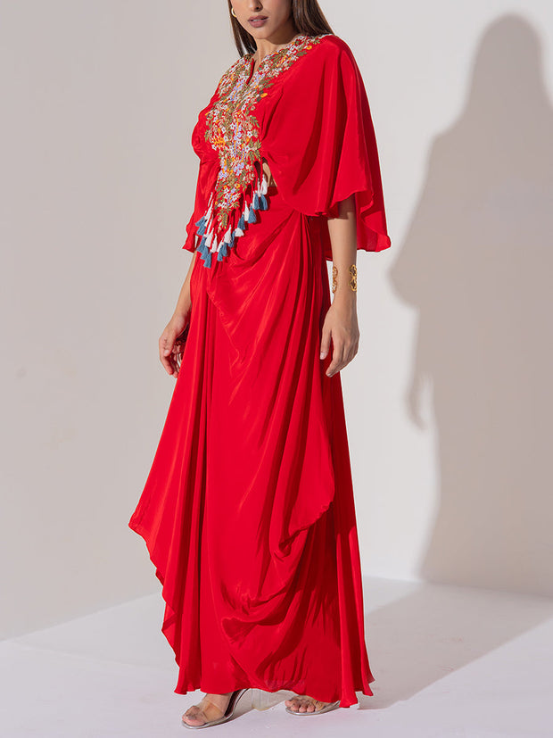 Red Wrinkle Silk Cape And Drape Skirt Set