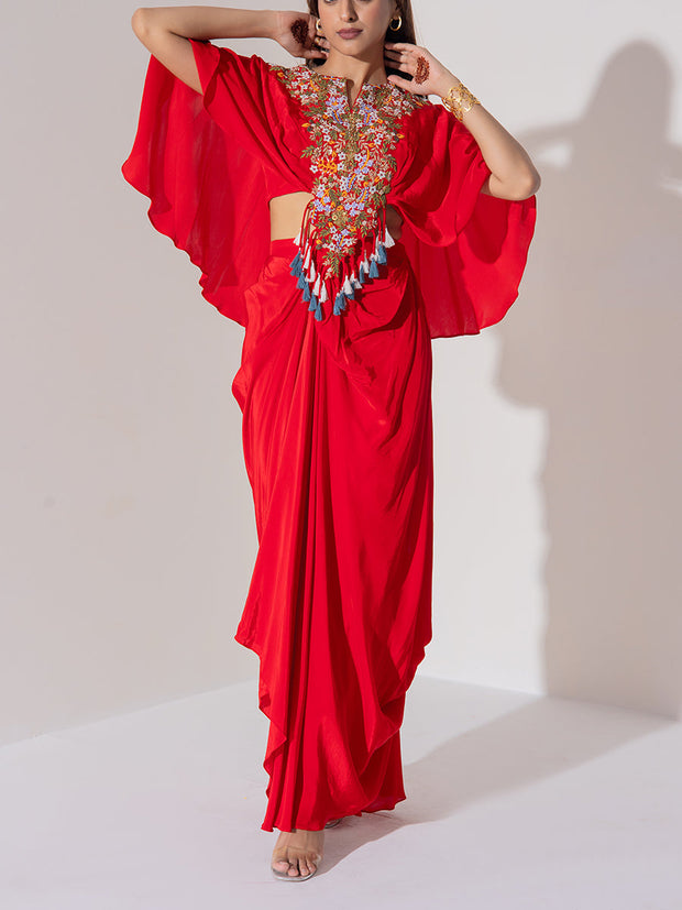 Red Wrinkle Silk Cape And Drape Skirt Set