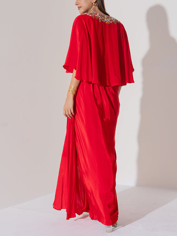 Red Wrinkle Silk Cape And Drape Skirt Set