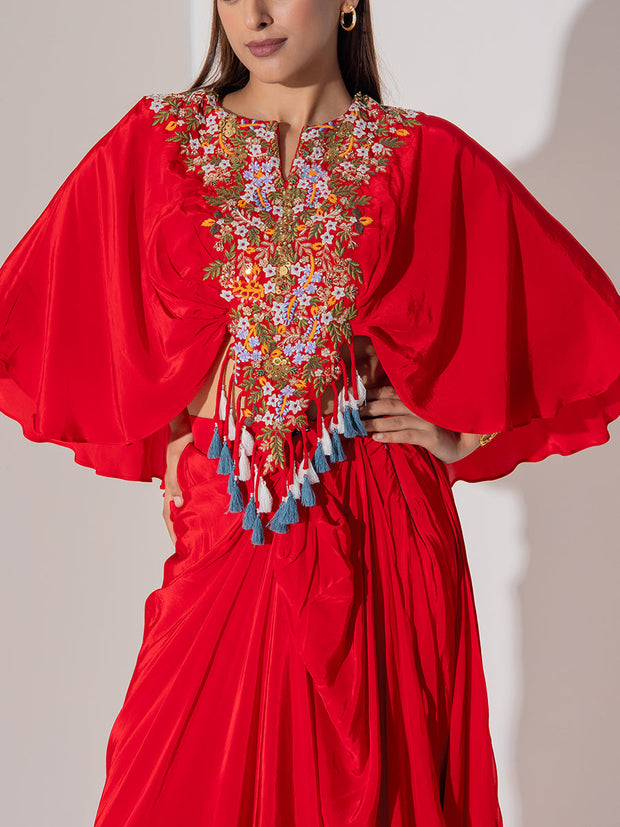 Red Wrinkle Silk Cape And Drape Skirt Set