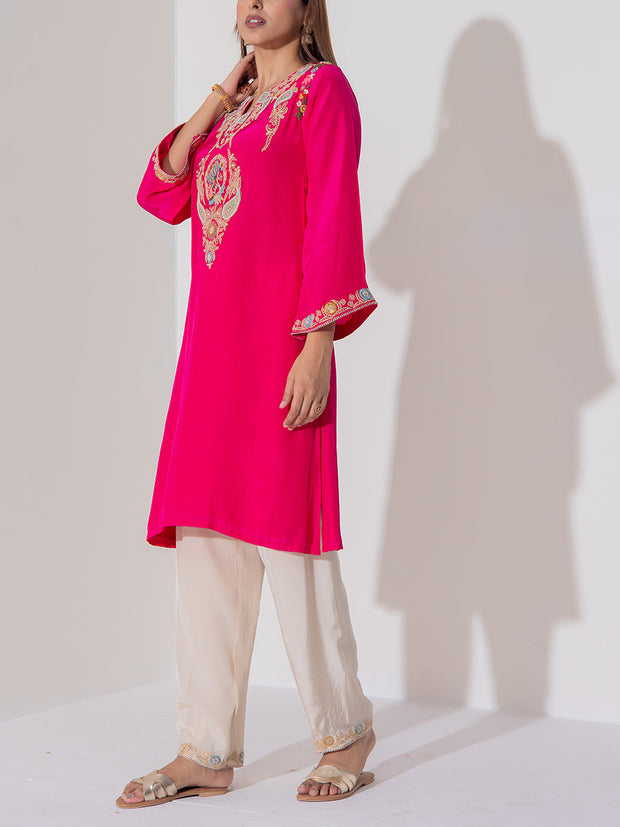 Pink Wrinkle Silk Suit Set