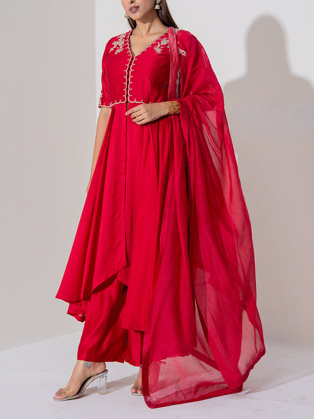 Red Chanderi Silk Suit Set