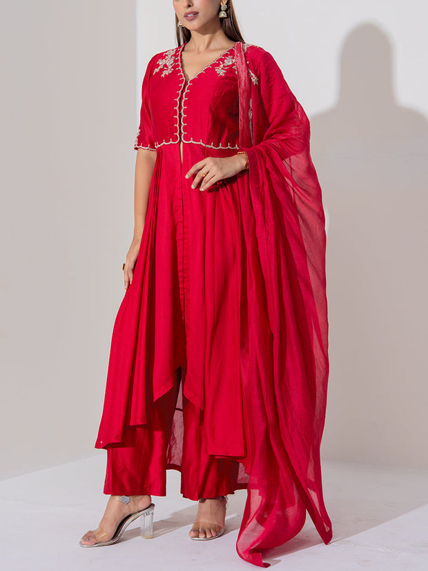 Red Chanderi Silk Suit Set