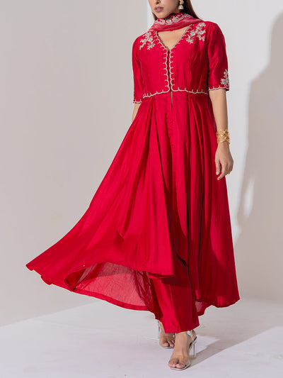 Red Chanderi Silk Suit Set