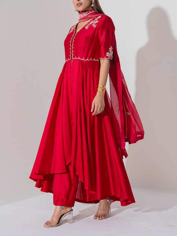 Red Chanderi Silk Suit Set