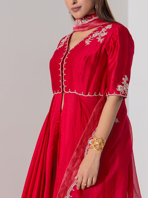 Red Chanderi Silk Suit Set