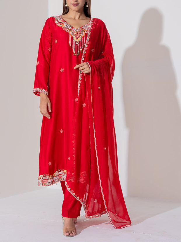 Red  Summer Silk Suit Set