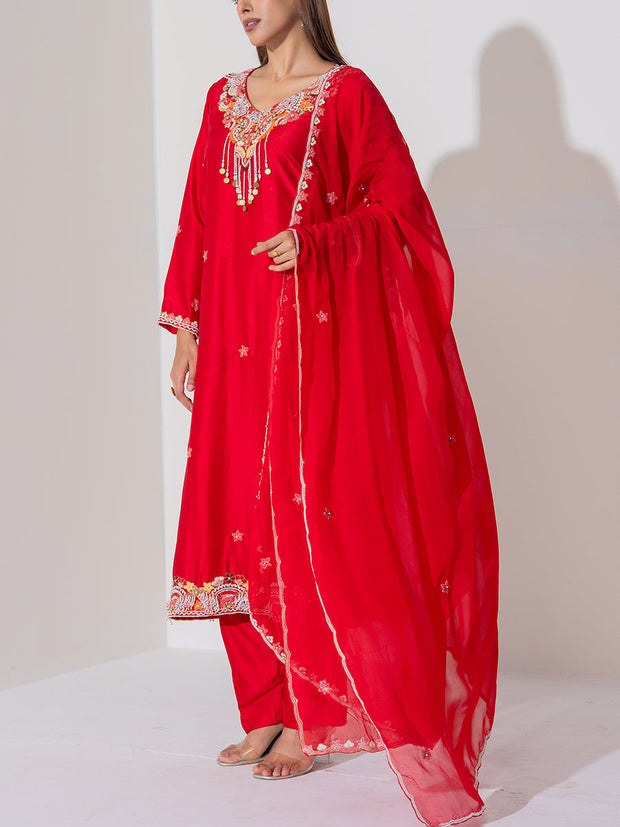Red  Summer Silk Suit Set