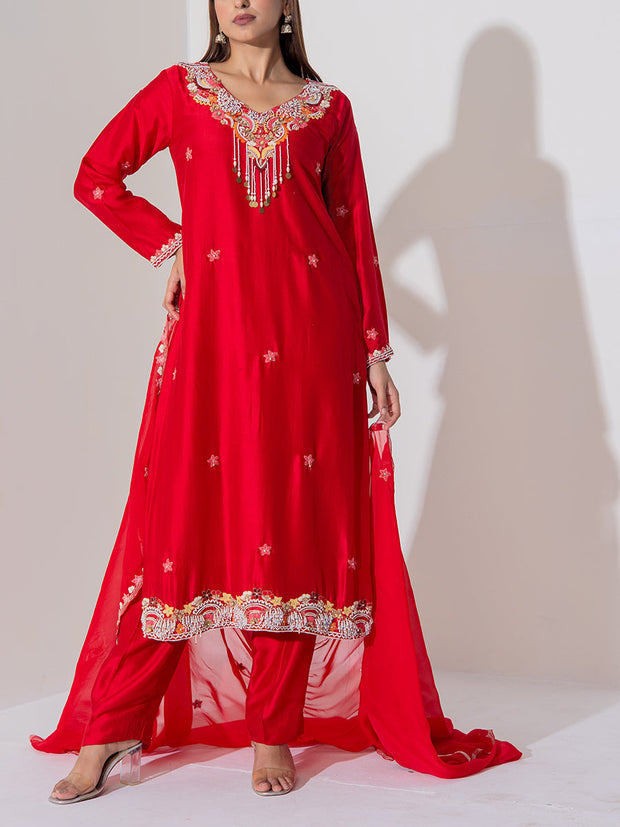 Red  Summer Silk Suit Set
