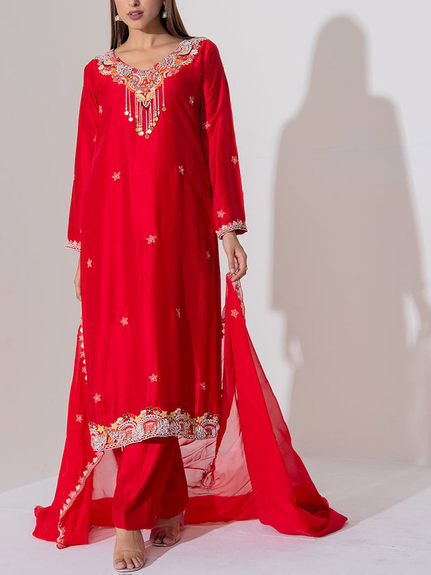 Red  Summer Silk Suit Set
