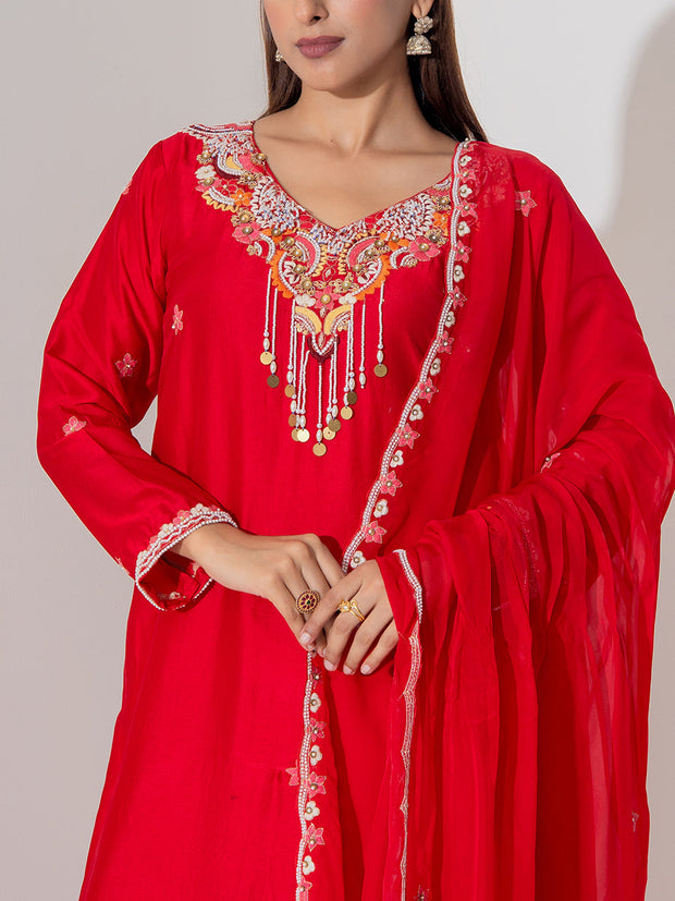 Red  Summer Silk Suit Set