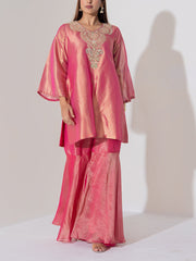 Pink Wrinkle Silk Sharara Set