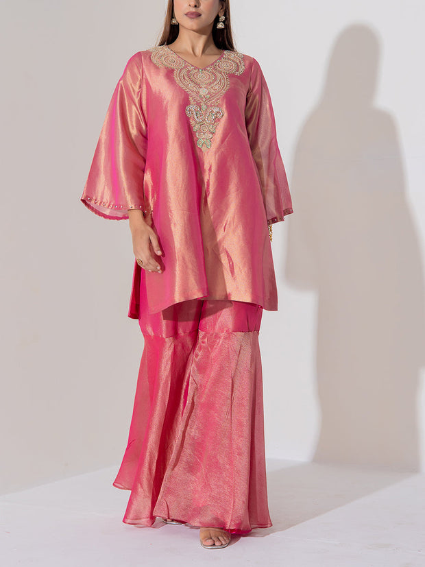 Pink Wrinkle Silk Sharara Set