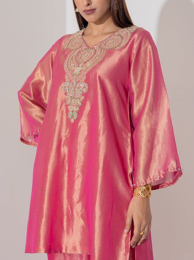 Pink Wrinkle Silk Sharara Set