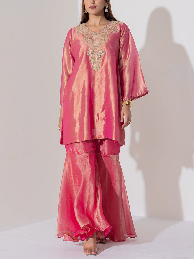 Pink Wrinkle Silk Sharara Set