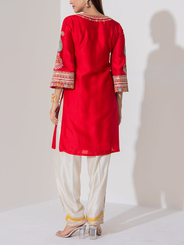 Red Russian Silk Suit Set