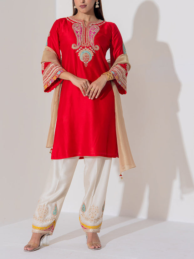 Red Russian Silk Suit Set