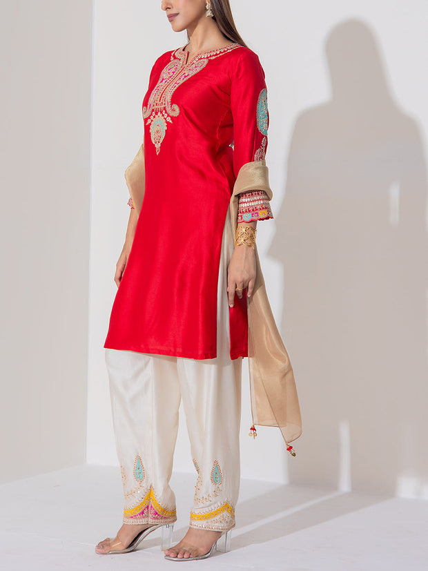 Red Russian Silk Suit Set