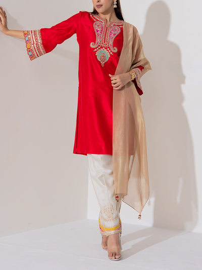 Red Russian Silk Suit Set