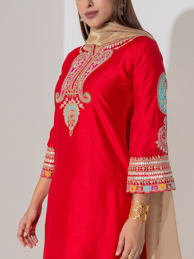 Red Russian Silk Suit Set