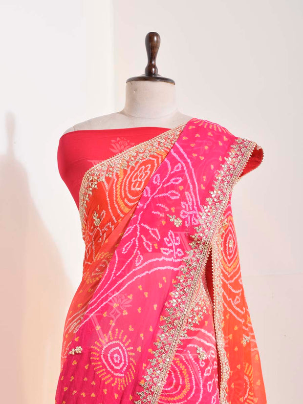 Pink Orange Georgette Bandhani Saree