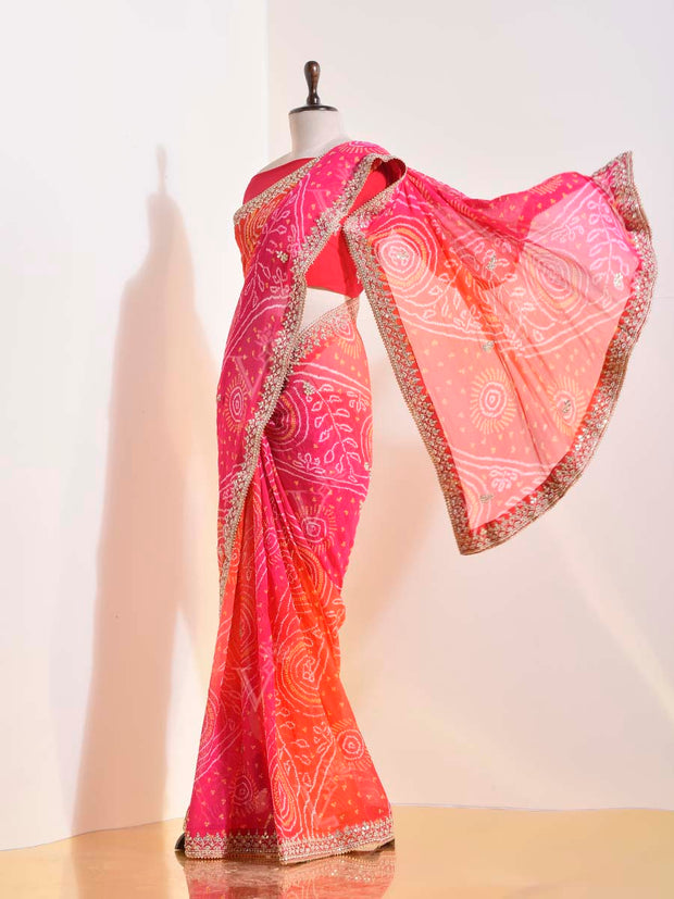 Pink Orange Georgette Bandhani Saree