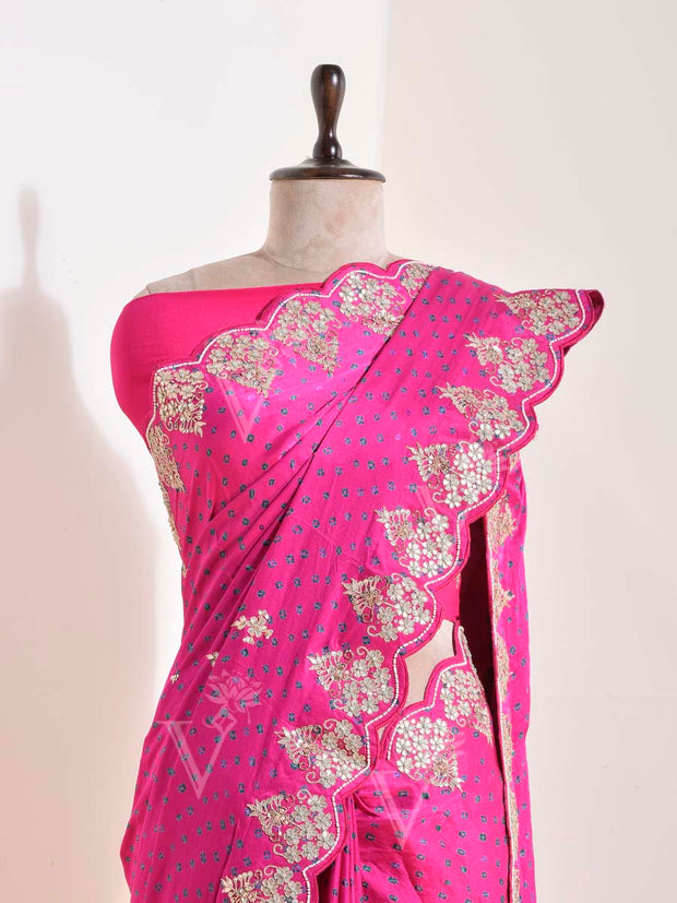 Pink  Satin Silk Leheriya Saree