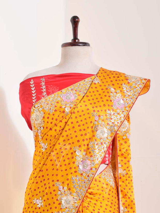 Yellow Satin Silk Leheriya Saree