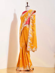 Yellow Satin Silk Leheriya Saree