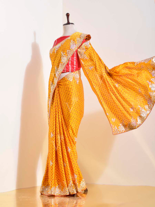 Yellow Satin Silk Leheriya Saree