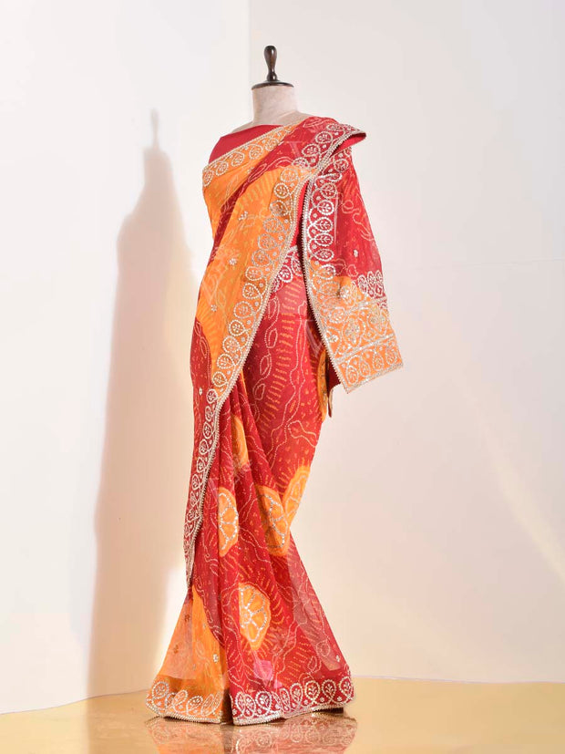 Red & Yellow Georgette Bandhani Saree