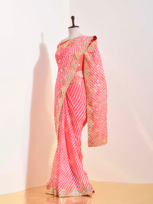 Peach Georgette Leheriya Saree