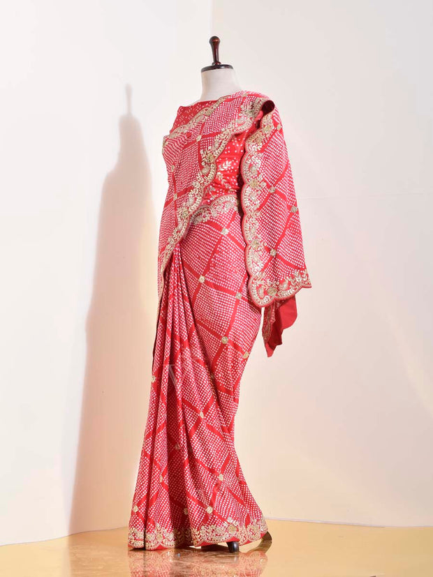 Red Pure Silk Zardozi Embroidered Cut Saree