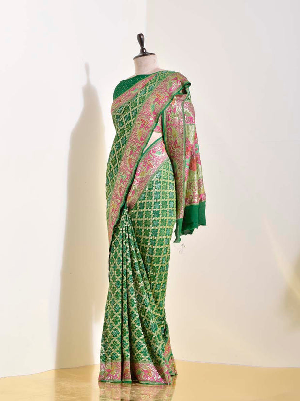 Green Georgette Bandhani Zari Saree