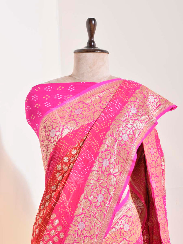 Red & Pink Georgette Bandhani Saree