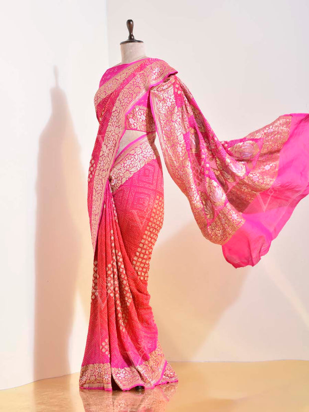 Red & Pink Georgette Bandhani Saree