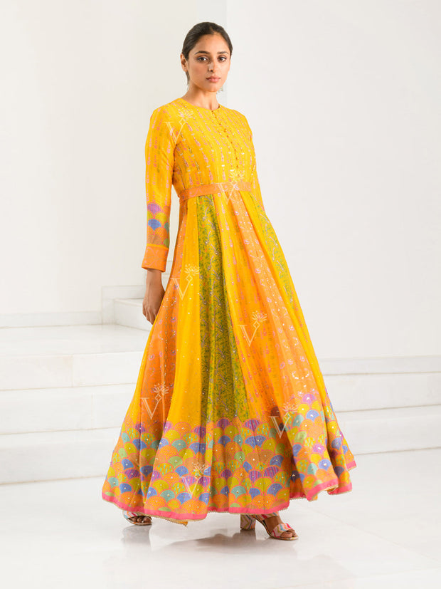 Yellow Silk Printed Anarkali Gown