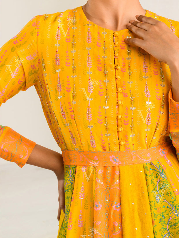 Yellow Silk Printed Anarkali Gown