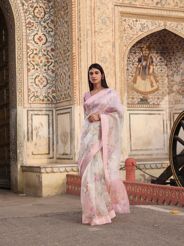 White Organza Floral Print Saree