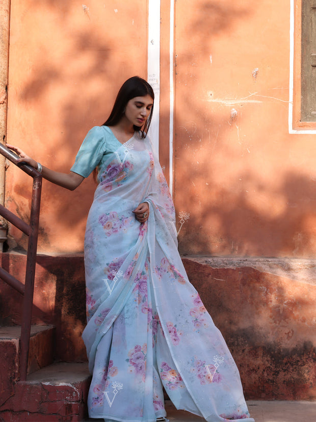 Aqua Blue Mukesh Printed  Saree