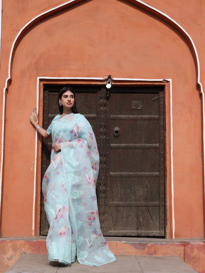 Aqua Blue Organza Saree