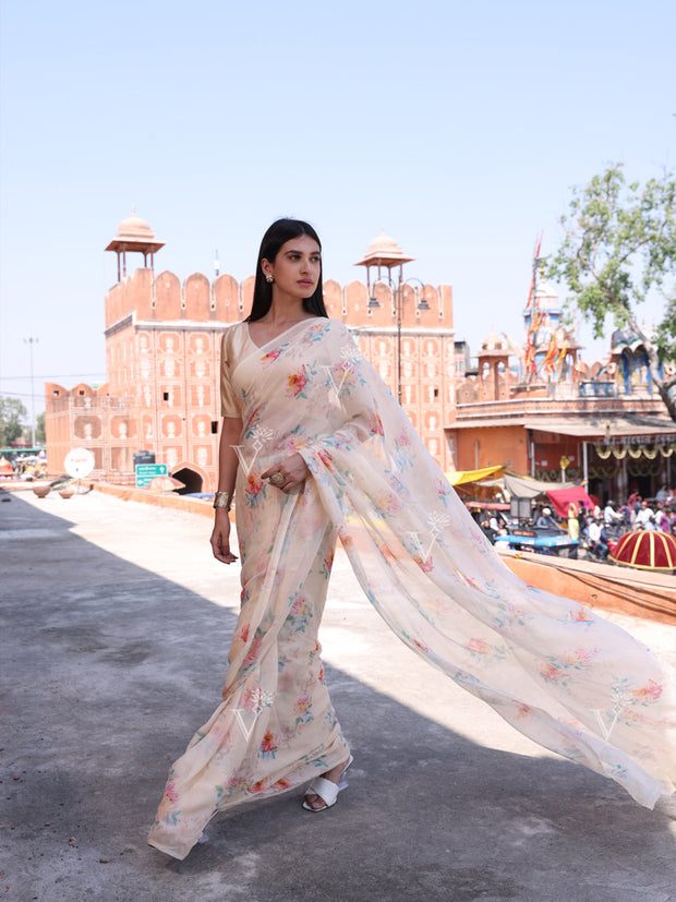 Yellow Chiffon Printed Saree